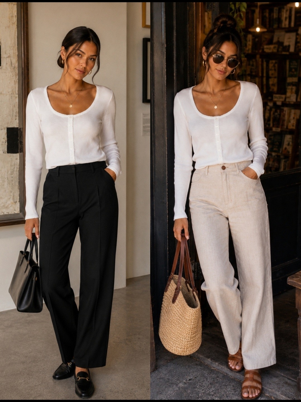 Scoop White Ribbed Scoop Neck Long Sleeve Top | Faux Pearl Button Knit | Size L - Picture 2 of 8